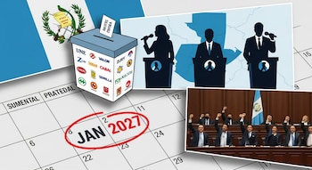 Bandera y mapa de Guatemala, calendario con JAN 2027. Urna electoral con papeleta y logos de partidos. Siluetas de oradores. Políticos en asamblea.