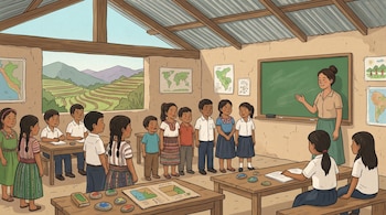 Ilustración de una maestra explicando a niños y niñas en un aula rural mexicana de adobe con techo de lámina. Hay mapas y materiales didácticos, con campos agrícolas y montañas visibles por la ventana.