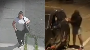 Imagen dividida con una mujer caminando por la calle a la izquierda y una persona junto a un vehículo oscuro a la derecha