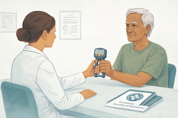 Ilustración: médica evalúa la fuerza de agarre de un paciente mayor con dinamómetro manual. Documentos de European Society of Geriatrics sobre la mesa.