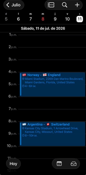 Captura de pantalla de aplicación de calendario con eventos del 11 de julio de 2026: Noruega-Inglaterra en Miami y Argentina-Suiza en Kansas City