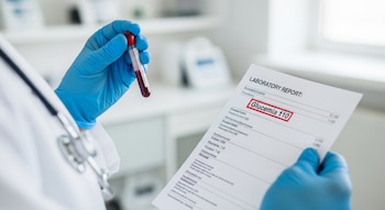 Médico con guantes azules sostiene un tubo de sangre y un informe de laboratorio donde se lee "Glucemia 110". Un estetoscopio es visible.