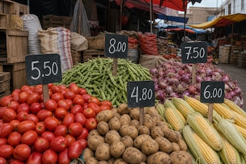 Montones de tomates, arvejas, cebollas, papas y choclos con letreros que marcan sus precios en un mercado.