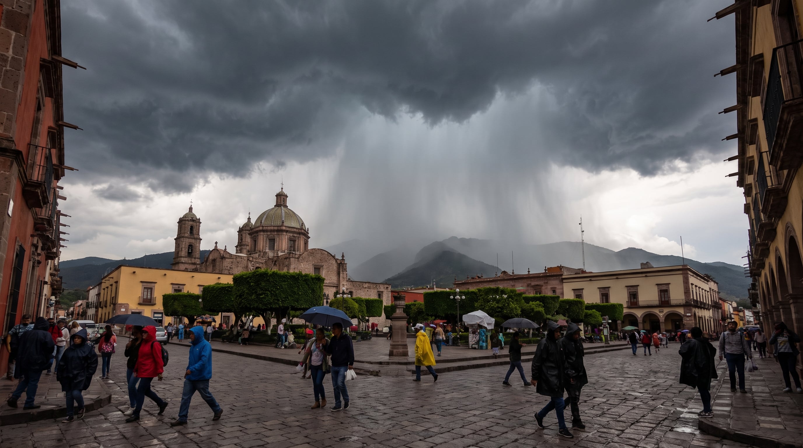 Una tormenta se descarga sobre una plaza de una ciudad colonial en México mientras personas transitan con paraguas y abrigos. (Imagen Ilustrativa Infobae)