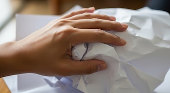 Primer plano de una mano humana de piel clara arrugando un papel blanco, con los dedos y la palma realizando flexión y extensión suaves sobre el material.