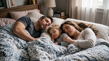 Un hombre, un niño y una mujer recostados con los ojos cerrados en una cama cubierta con un edredón estampado.