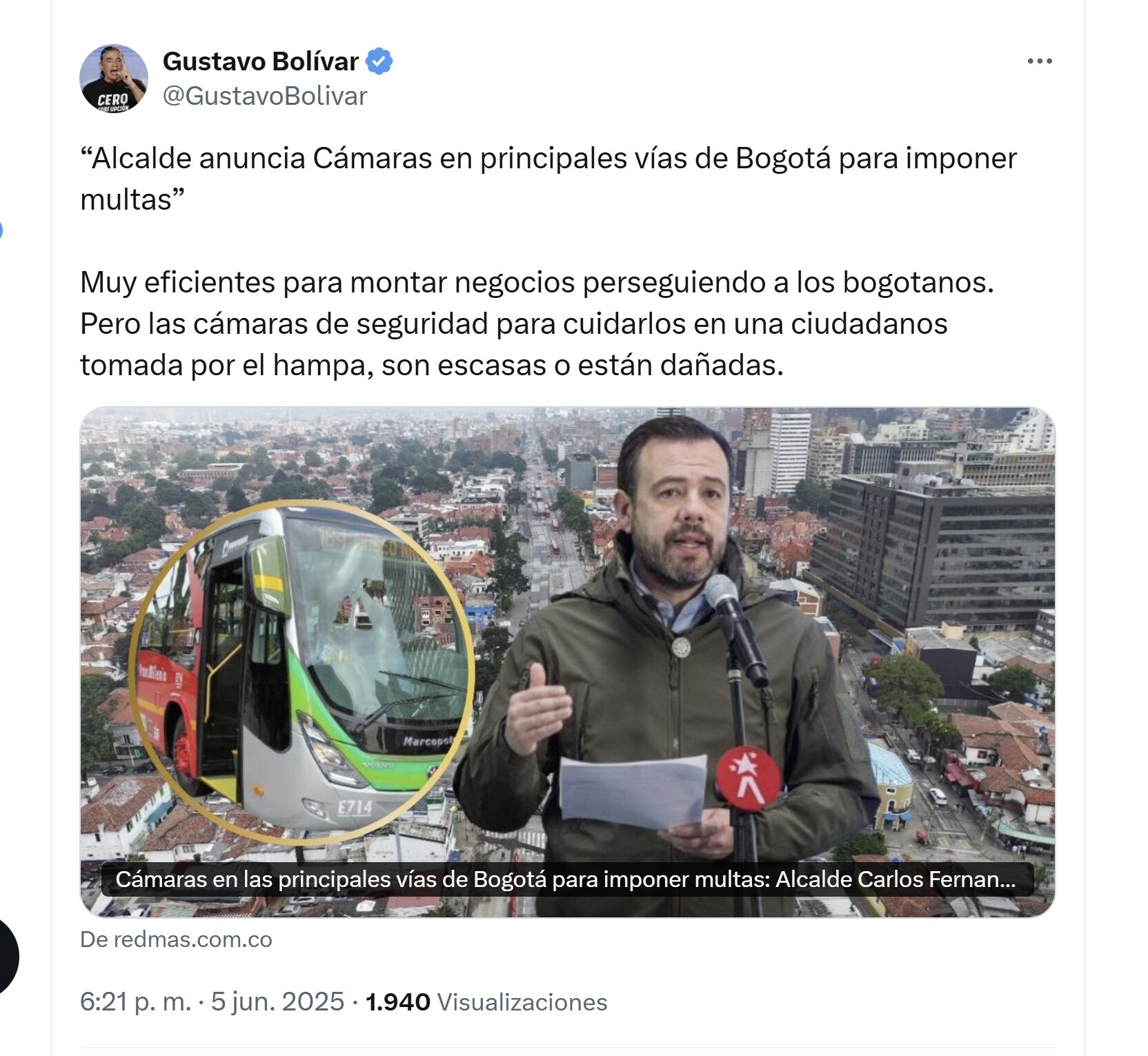 El exdirector del DPS, Gustavo Bolívar, criticó la instalación de cámaras para imponer multas en Bogotá - crédito Gustavo Bolívar/X