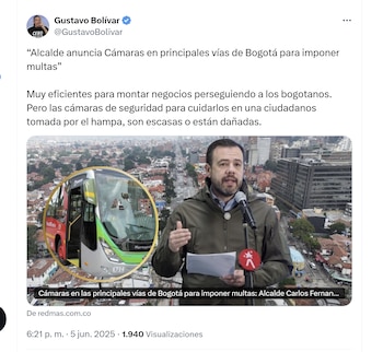 El exdirector del DPS, Gustavo Bolívar, criticó la instalación de cámaras para imponer multas en Bogotá - crédito Gustavo Bolívar/X