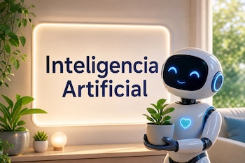 Un robot blanco sostiene una planta en una maceta junto a un panel iluminado con el texto Inteligencia Artificial y plantas de fondo.