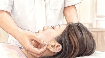 Ilustración acuarela de una persona aplicando pequeños parches cuadrados en la oreja de otra persona. La persona tratada está acostada de lado con cabello oscuro.