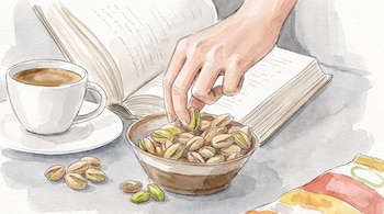 Ilustración en acuarela de una mano que toma pistachos de un cuenco, junto a un libro abierto y una taza de café sobre una mesa.
