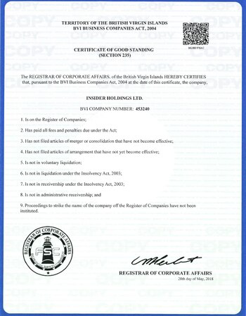 Certificado de Insider Holdings Ltd,