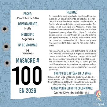 La masacre número 100 ocurrió en el Huila y horas después se conoció el nuevo ataque (Indepaz/X)