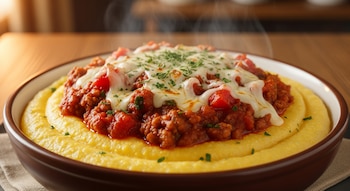 Primer plano de un plato hondo de cerámica marrón con polenta amarilla, salsa tuco roja con carne picada y queso blanco derretido, espolvoreado con perejil.