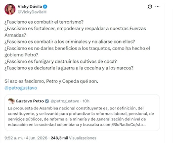 Vicky Dávila cuestionó a Gustavo Petro sobre el 'fascismo' en su Gobierno - crédito @VickyDavilaH/X