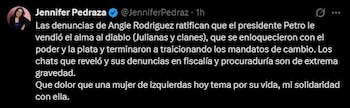 Jennifer Pedraza cuestionó al Gobierno nacional tras las denuncias de Angie Rodríguez, señalando presuntas fracturas internas y redes de poder dentro del Ejecutivo - crédito Jen nifer Pedraza/X