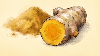 Ilustración de un rizoma de cúrcuma, una parte cortada para mostrar el interior naranja, y un montón de cúrcuma en polvo sobre un fondo amarillo claro.
