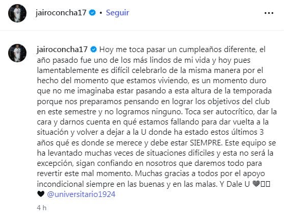 Jairo Concha cumplió 27 años en medio del mal momento de Universitario y reconoció que el equipo no alcanzó ninguno de los objetivos trazados para el primer semestre. (Instagram)