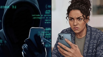 Ilustración dividida con una figura encapuchada sosteniendo un teléfono y una mujer mirando su dispositivo móvil con rostro serio.