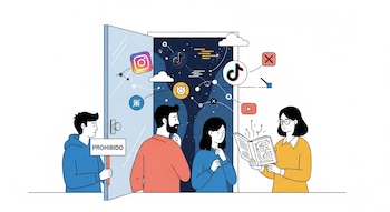 Un adolescente, un adulto con un cartel de Prohibido y una docente con un libro frente a una puerta abierta que muestra íconos de redes sociales, nubes y líneas.