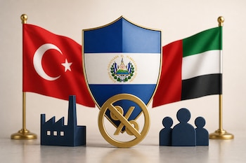 Un escudo de El Salvador se sitúa entre banderas de Turquía y Emiratos Árabes Unidos, junto a figuras de una fábrica, personas y un símbolo tachado.