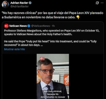 La publicación de Adrián Ravier sobre las declaraciones vinculadas a la salud del papa León XIV
