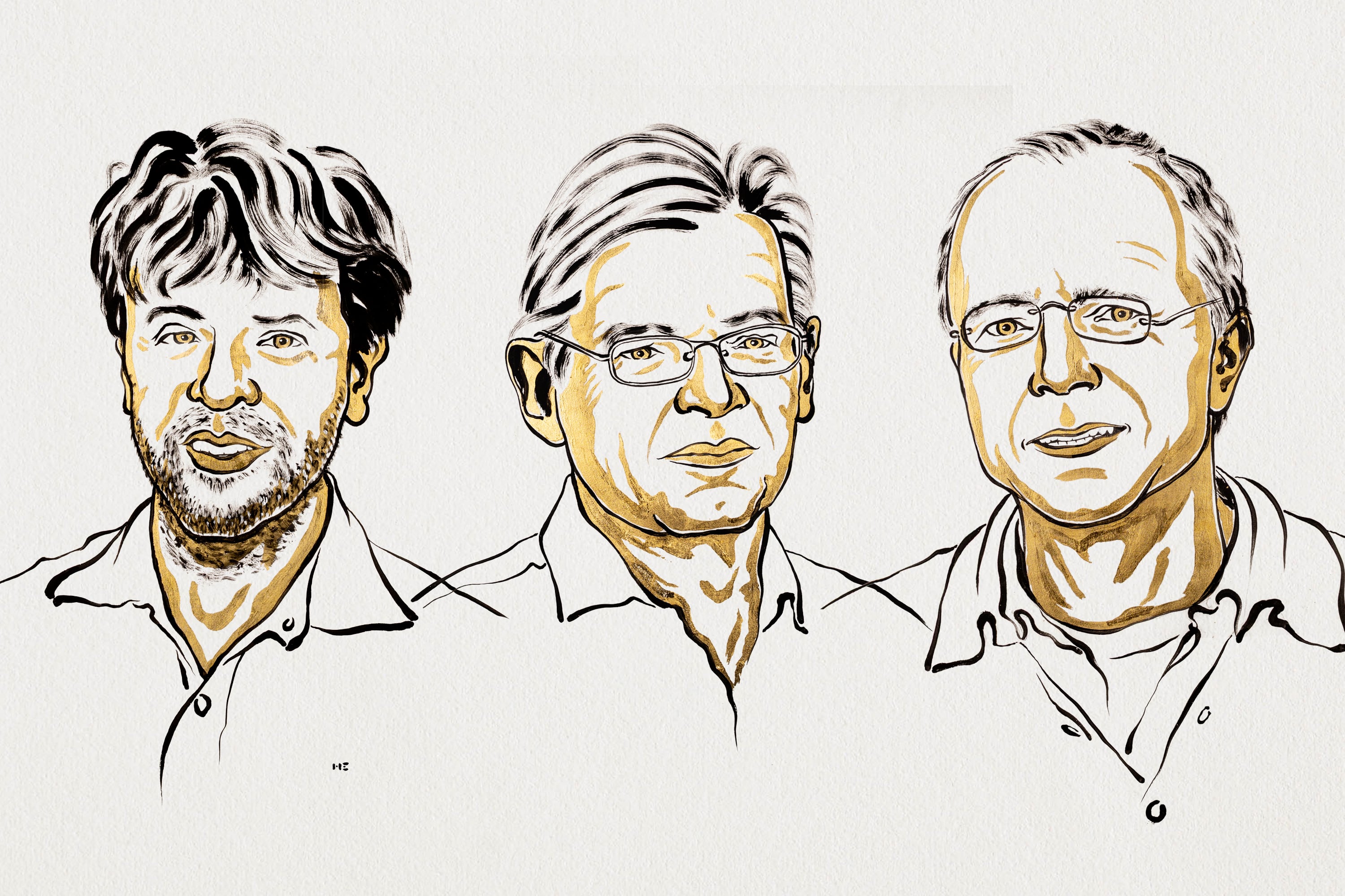 Karl Deisseroth, Peter Hegemann y Georg Nagel, ganadores del Premio Nobel de Medicina 2026 (Ill. Niklas Elmehed © Nobel Prize Outreach)
