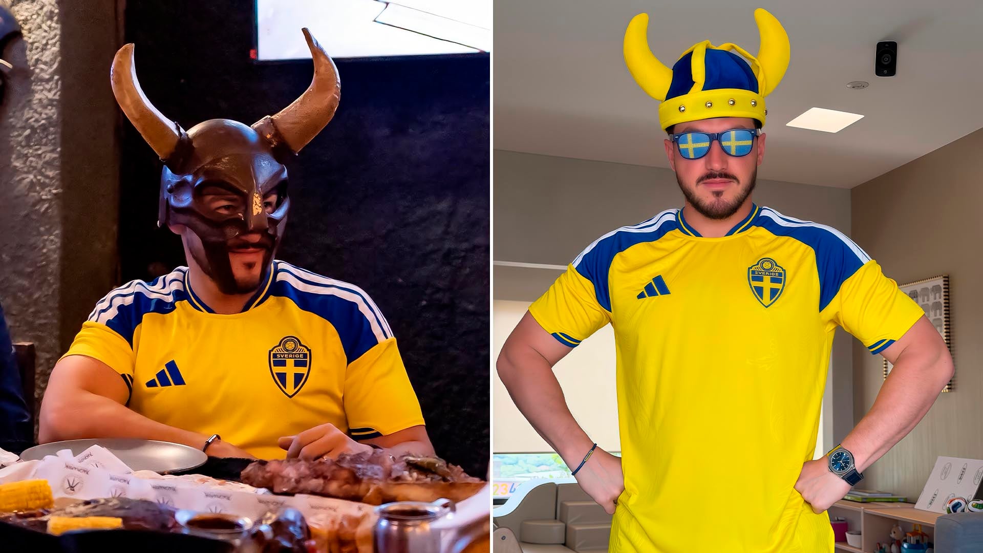 Samuel García, gobernador de Nuevo León, posa con una camiseta de la selección de Suecia y gorros de vikingo