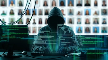 Persona encapuchada y con guantes tecleando en un teclado, con pantallas de ordenador que muestran código y un mapa global, y un fondo de múltiples rostros borrosos.