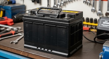 Batería de automóvil negra con asa y terminales expuestos sobre una mesa de trabajo. Herramientas y un cargador son visibles al fondo en un taller.
