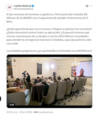 El partido Cambio Radical cuestionó el traslado de recursos de la Ungrd para atender el fenómeno de El Niño - crédito @PCambioRadical/X