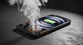 Un iPhone negro dañado, con la pantalla rota y un orificio humeante en la parte inferior, sobre una superficie oscura. Emite humo blanco y chispas.