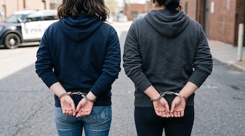 Dos mujeres vistas de espaldas con las manos esposadas a la cintura y un vehículo policial estacionado al fondo.