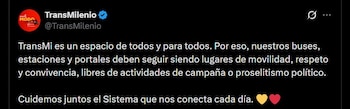Transmilenio sostuvo que el sistema de transporte masivo debe mantenerse como un espacio neutral para la movilidad y la convivencia - crédito @TransMilenio / X
