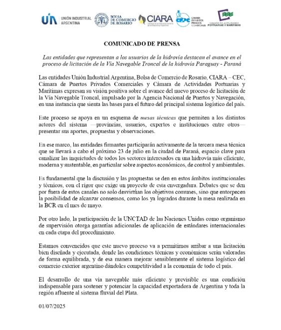 Comunicado por la Hidrovía