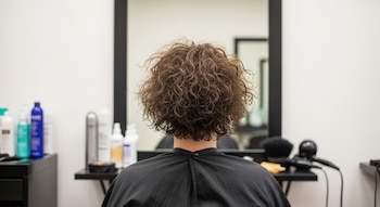 Vista de espalda de una persona con cabello rizado y encrespado, usando una capa negra en una peluquería. Un espejo y productos capilares son visibles.