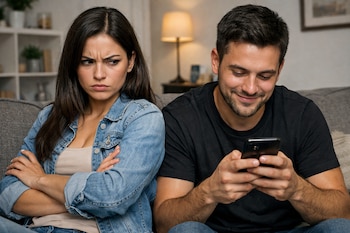 Una mujer sentada en un sofá con los brazos cruzados y una expresión de enfado, junto a un hombre que mira un teléfono móvil sonriendo.
