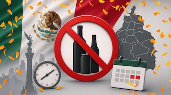 Señal de prohibición con botellas, reloj, calendario, mapa de Ciudad de México, silueta del Ángel de la Independencia y pétalos amarillos.