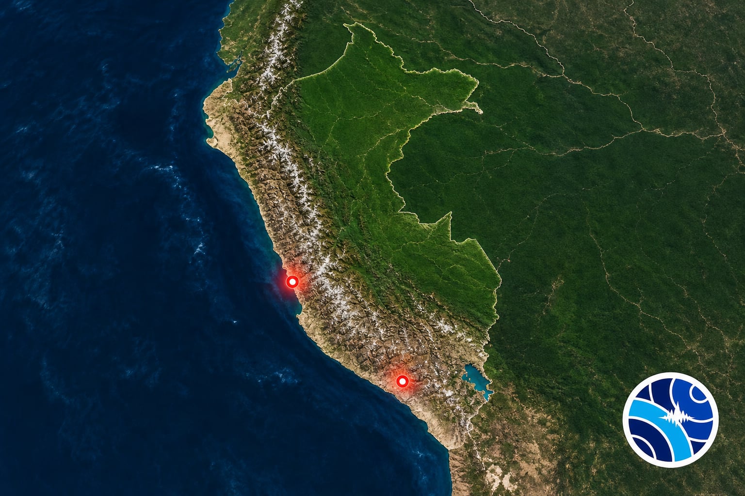 Un mapa satelital del territorio de Perú señala los puntos de monitoreo del Instituto Geofísico del Perú situados en las regiones de Lima y Arequipa. (Imagen Ilustrativa Infobae)