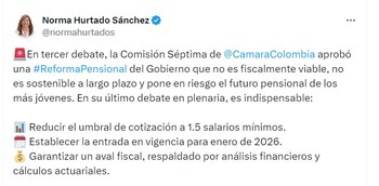 Norma Hurtado, senadora, recordó que la reforma pensional no es viable fiscalmente - crédito @NormaHurtadoS/X