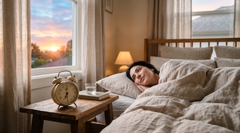 Una mujer acostada en la cama mira hacia una ventana abierta al amanecer, junto a una mesa de madera con un reloj despertador y un vaso de agua.