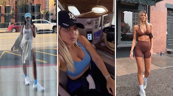 Collage de tres imágenes de mujeres. Una mujer toma una selfie, otra con gorra en cabina de avión, y una tercera con ropa deportiva en la calle.