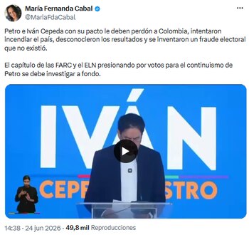 María Fernanda Cabal acusó a Gustavo Petro e Iván Cepeda de desestabilizar el orden institucional y exigió investigación - crédito @MariaFdaCabal/X