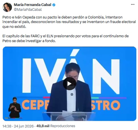 María Fernanda Cabal acusó a Gustavo Petro e Iván Cepeda de desestabilizar el orden institucional y exigió investigación - crédito @MariaFdaCabal/X