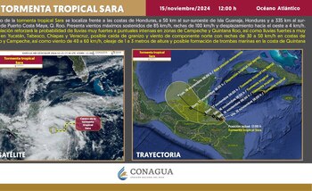 Esta es la trayectoria de la Tormenta Tropical Sara con corte a las 12 horas (@conagua_clima/X)