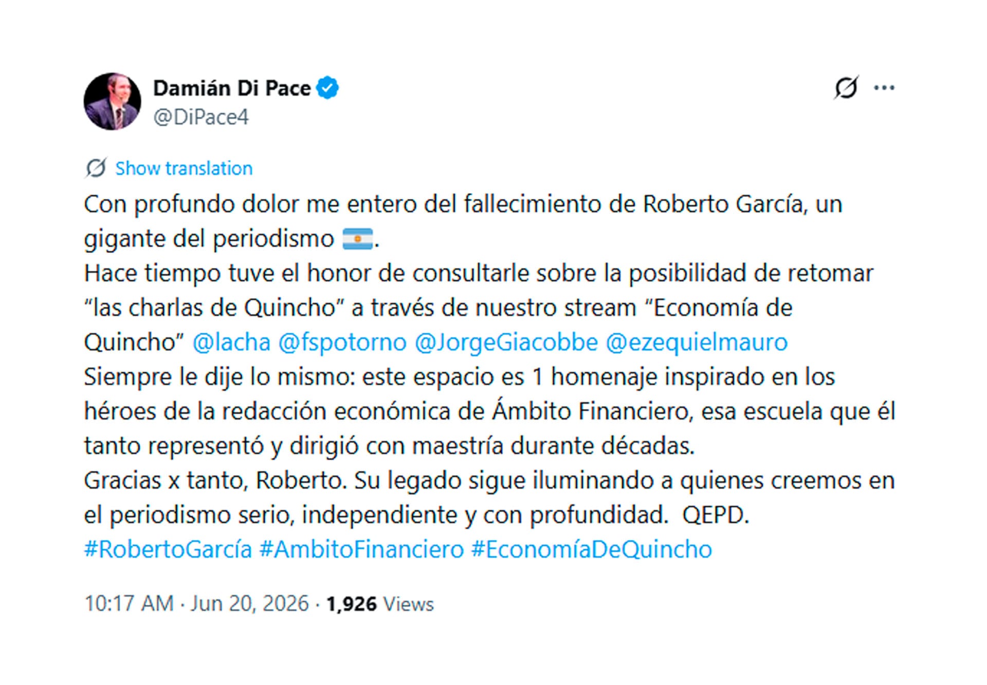 Damián Di Pace y el homenaje profesional a Roberto García