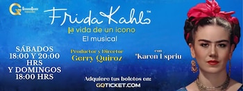 Mujer caracterizada como Frida Kahlo con tocado rojo, trenzas y uniceja. El anuncio muestra título del musical, productor, actriz y horarios del evento