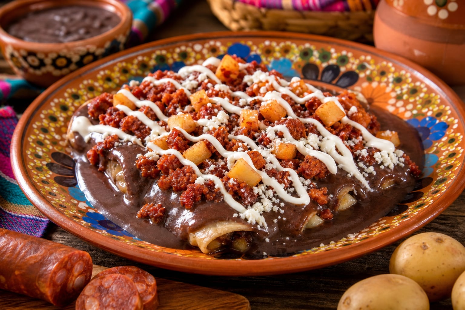Un plato de barro contiene enfrijoladas bañadas en salsa de frijol negro y servidas con chorizo, papas, crema y queso fresco. (Imagen Ilustrativa Infobae)