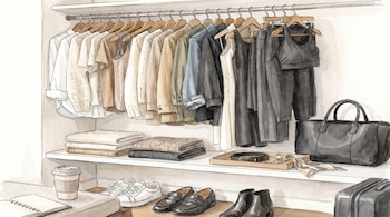 Ilustración en acuarela de un armario abierto con ropa colgada en perchas, prendas dobladas en estantes, zapatos, un bolso y accesorios, todo ordenado.