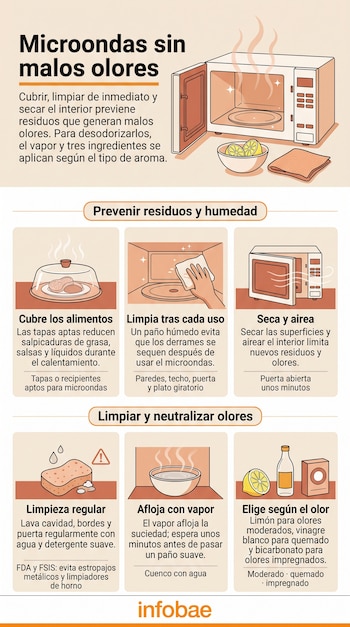 Infografía con dibujos de un microondas, una campana para comida, un paño, un cuenco con vapor, un limón, una botella de vinagre y una caja.